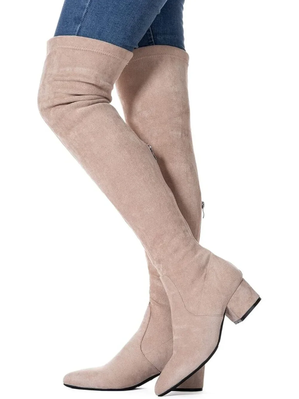 Women's Khaki 2 Inch Pointed Toe Chunky Block Heel Over The Knee High Boots
